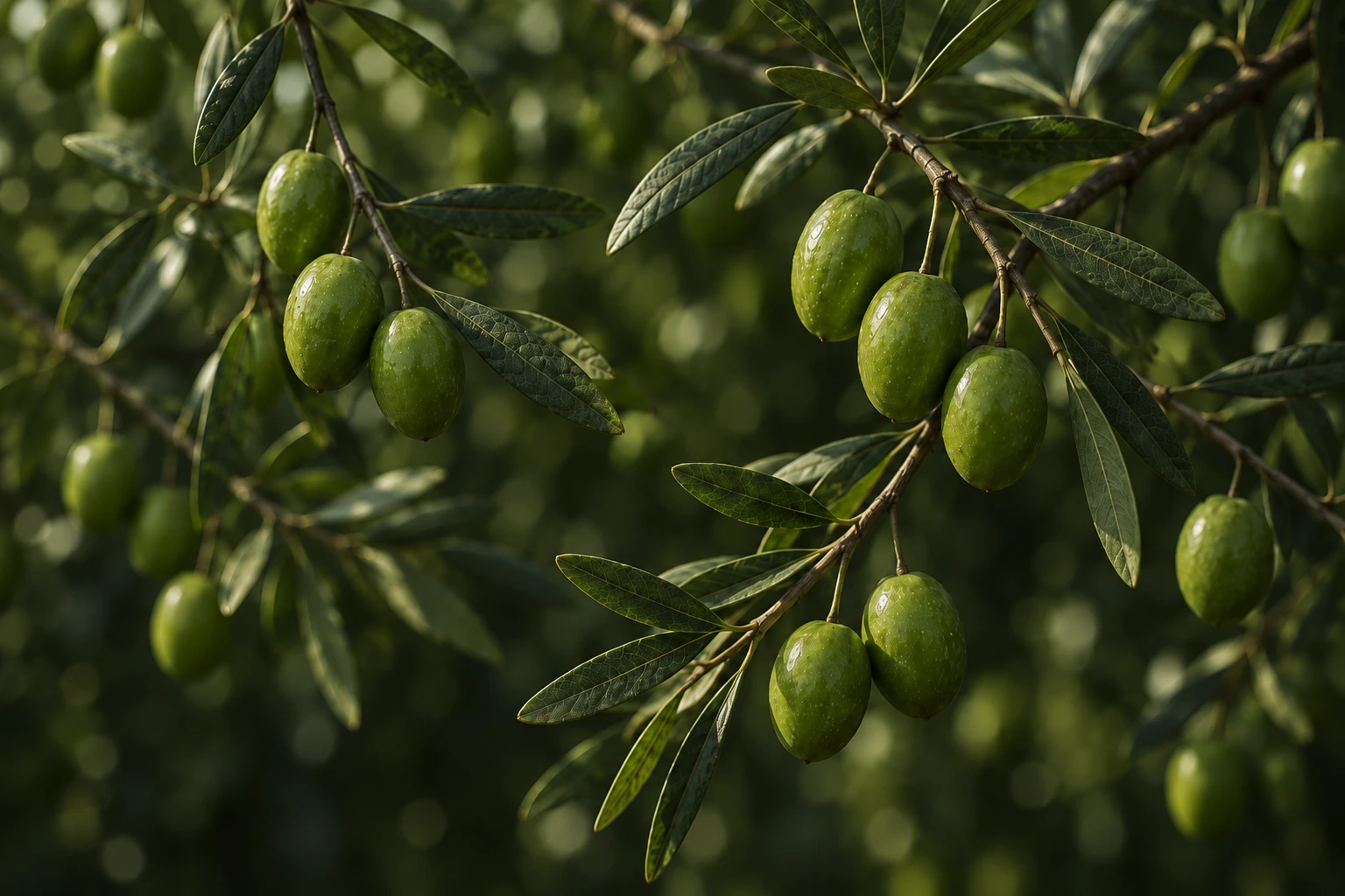 Aceitunas verdes en la rama al inicio de la cosecha