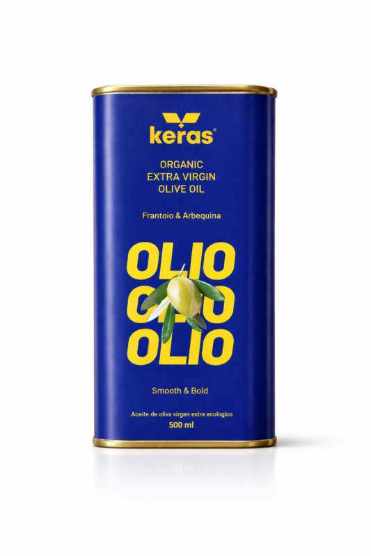 Lata de KERAS Aceite de Oliva Virgen Extra Ecológico 500 ml, coupage premium de Frantoio italiano y Arbequina española.